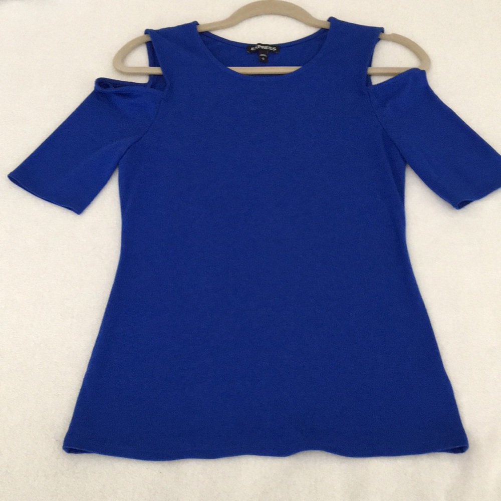 Express small open shoulder long top shirt blue